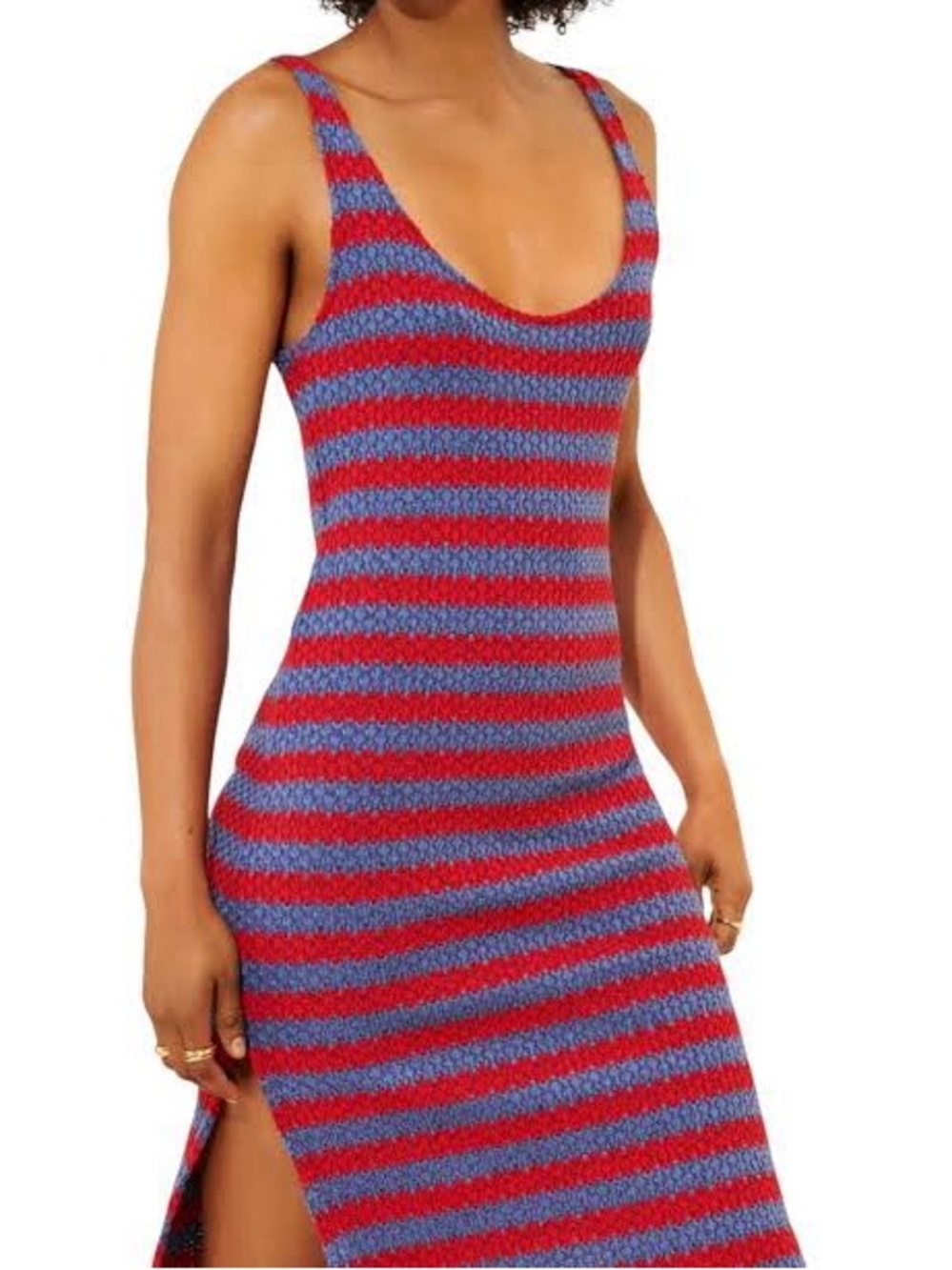 CELANDINE Red Blue Striped Knit Midi Dress Sleeveless Slit Coastal Tank Medium